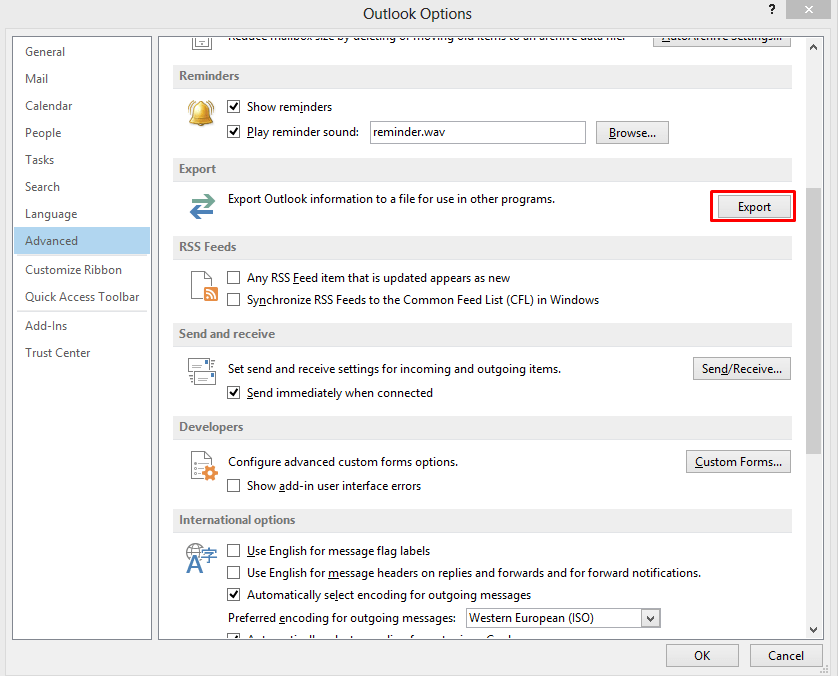 export outlook account settings