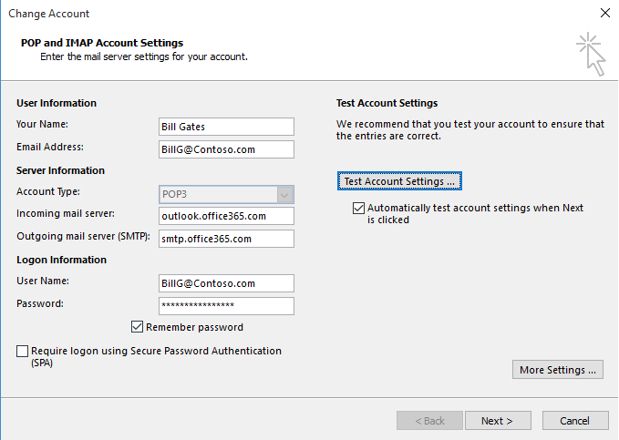 gmial account settings for outlook 2016