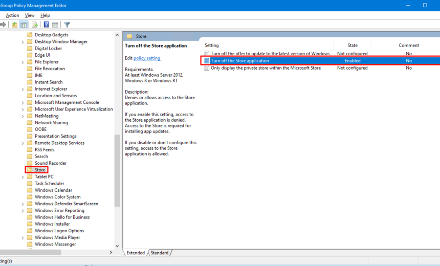 Disabling Store App in Windows 10 Using the Group Policy