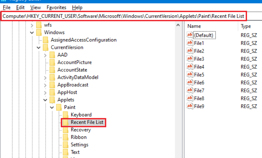 Recent File List in Windows 10 Registry
