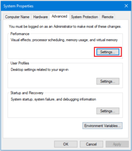 System Properties - Performance Settings