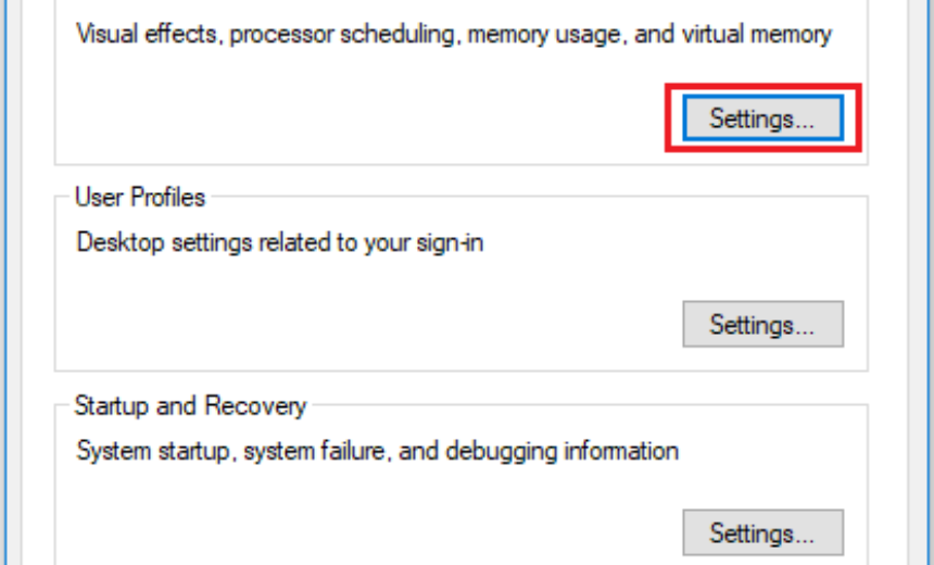 System Properties - Performance Settings