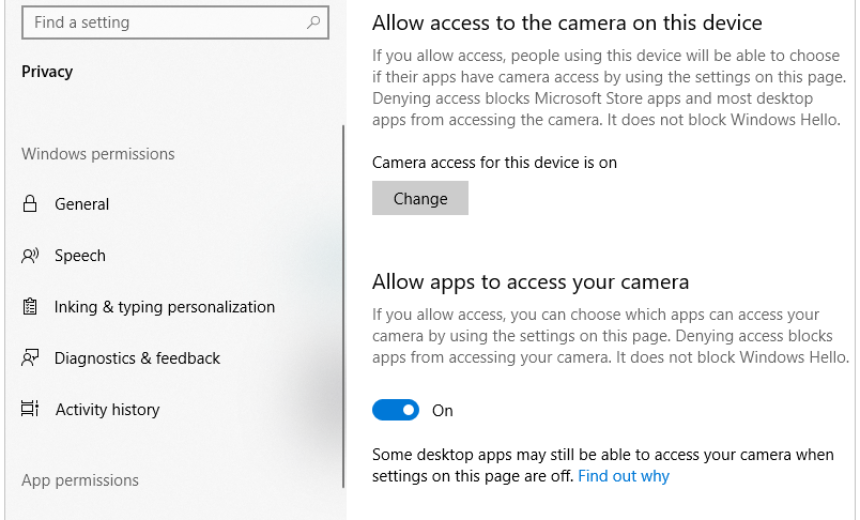 Allow access to camera in Windows 10