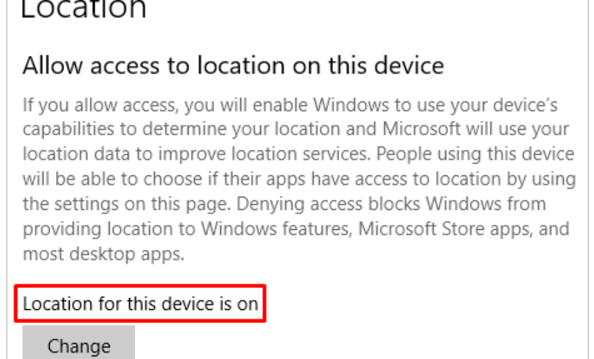 Location for Windows 10 is turned on