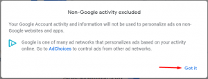 Non-Google activity excluded for personalized ads