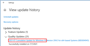 View update history - Windows 10