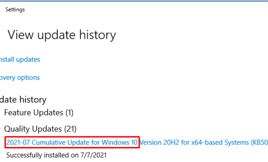 View update history - Windows 10