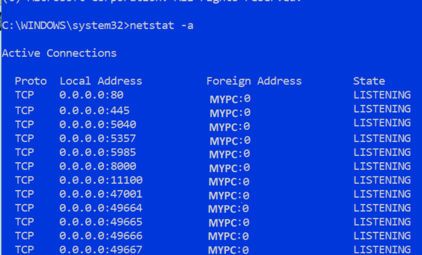 Running Netstat -a to view open ports